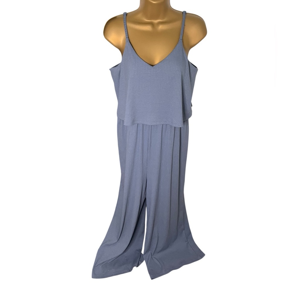 Express Ribbed Wide Leg Jumpsuit Layered Bodice Blue S